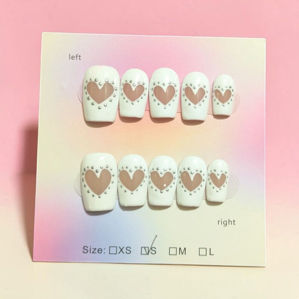 White Heart Press On Nails Size Small Short Square French Tip Cute Rhinestone